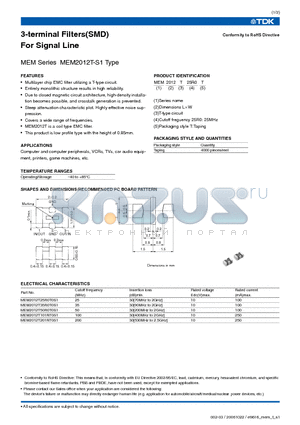 MEM2012T25R0T datasheet - 3-terminal Filters(SMD) For Signal Line