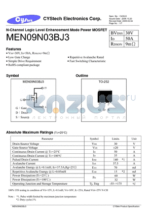 MEN09N03BJ3 datasheet - N-Channel Logic Level Enhancement Mode Power MOSFET