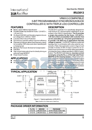 IRU3013CW datasheet - VRM 8.5 COMPATIBLE 5-BIT PROGRAMMABLE SYNCHRONOUS BUCK CONTROLLER IC WITH TRIPLE LDO CONTROLLER