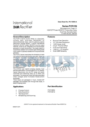 PVR1301N datasheet - Microelectronic Power IC HEXFET Power MOSFET Photovoltaic Relay Dual-Pole, Normally-Open 0-100V AC/DC, 360mA