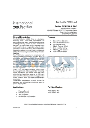 PVR13N datasheet - Microelectronic Power IC HEXFET Power MOSFET Photovoltaic Relay Dual-Pole, Normally-Open 0-100V AC/DC, 360mA