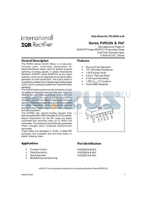 PVR3300N datasheet - HEXFET^ Power MOSFET Photovoltaic Relay Dual-Pole, Normally-Open 0-300V AC/DC, 165mA