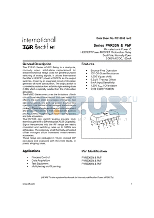 PVR33NPBF datasheet - HEXFET^ Power MOSFET Photovoltaic Relay Dual-Pole, Normally-Open 0-300V AC/DC, 165mA