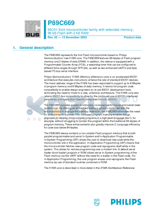 P89C669 datasheet - 80C51 8-bit microcontroller family with extended memory 96 kB Flash with 2 kB RAM