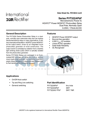 PVT322A_08 datasheet - Microelectronic Power IC HEXFET Power MOSFET Photovoltaic Relay Dual Pole, Normally Open