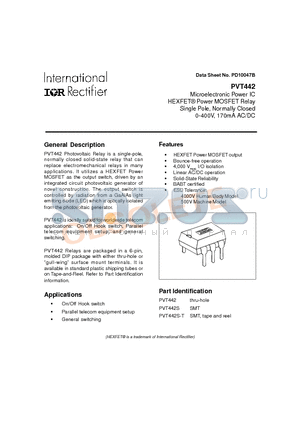 PVT442 datasheet - Microelectronic Power IC HEXFET Power MOSFET Relay Single Pole, Normally Closed 0-400V, 170mA AC/DC