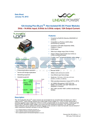 PVX012A0X3-SRZ datasheet - 12A Analog Pico DLynxTM: Non-Isolated DC-DC Power Modules