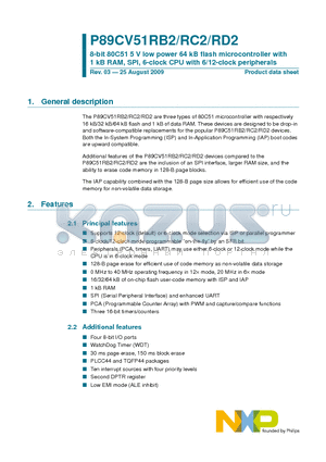 P89CV51RB2FA datasheet - 8-bit 80C51 5 V low power 64 kB flash microcontroller with 1 kB RAM, SPI, 6-clock CPU with 6/12-clock peripherals