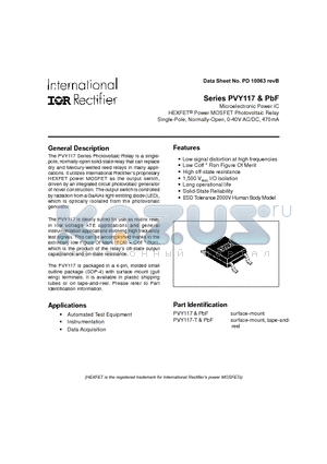 PVY117-TPBF datasheet - Microelectronic Power IC HEXFET Power MOSFET Photovoltaic Relay Single-Pole, Normally-Open, 0-40V AC/DC, 470mA