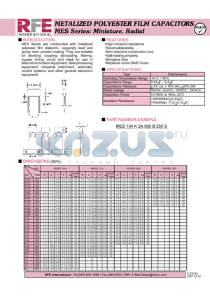 MES104K2A050B250S datasheet - METALIZED POLYESTER FILM CAPACITORS MES Series: Miniature, Radial