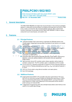 P89LPC903FD datasheet - 8-bit microcontrollers with two-clock 80C51 core 1 kB 3 V Flash with 128-byte RAM