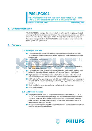 P89LPC904FD datasheet - 8-bit microcontrollers with two-clock accelerated 80C51 core 1 kB 3 V byte-erasable Flash with 8-bit A/D converter