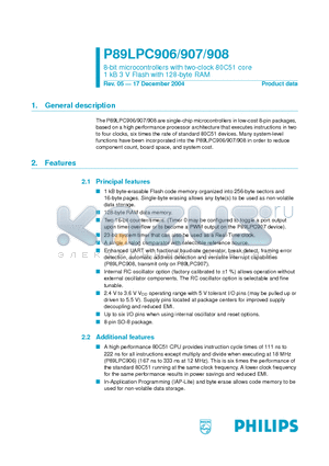 P89LPC906 datasheet - 8-bit microcontrollers with two-clock 80C51 core 1 kB 3 V Flash with 128-byte RAM