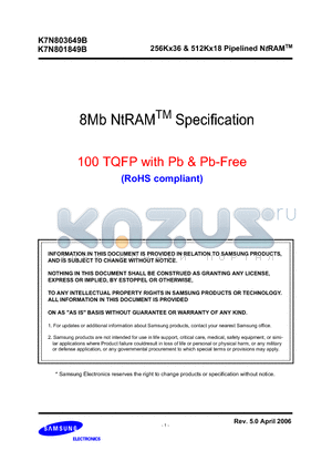 K7N801849B datasheet - 256Kx36 & 512Kx18 Pipelined NtRAM