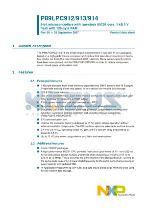 P89LPC912FDH datasheet - 8-bit microcontrollers with two-clock 80C51 core, 1 kB 3 V flash with 128-byte RAM