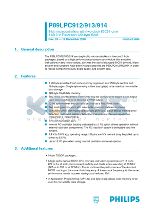 P89LPC912 datasheet - 8-bit microcontrollers with two-clock 80C51 core 1 kB 3 V Flash with 128-byte RAM