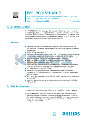 P89LPC915FDH datasheet - 8-bit microcontrollers with accelerated two-clock 80C51 core 2 kB 3 V Flash with 8-bit A/D converter