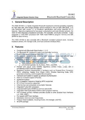 IS1002 datasheet - Bluetooth Baseband Controller