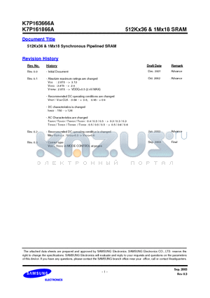 K7P161866A-HC33 datasheet - 512Kx36 AND 1Mx18 Synchronous Pipelined SRAM