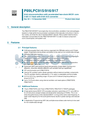 P89LPC915 datasheet - 8-bit microcontrollers with accelerated two-clock 80C51 core 2 kB 3 V flash with 8-bit A/D converter