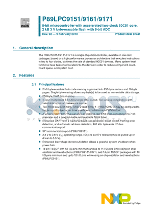 P89LPC9171FDH datasheet - 8-bit microcontroller with accelerated two-clock 80C51 core, 2 kB 3 V byte-erasable flash with 8-bit ADC