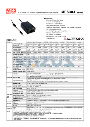 MES30A_09 datasheet - 16.5~30WAC-DC Single Output and Medical Type Desktop