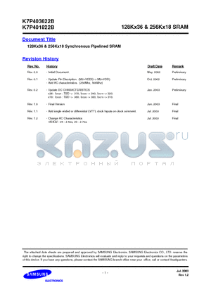 K7P403622B datasheet - 128Kx36 & 256Kx18 Synchronous Pipelined SRAM