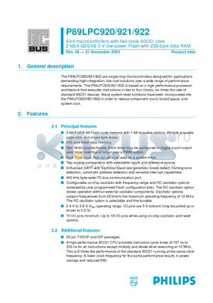 P89LPC921 datasheet - 8-bit microcontrollers with two-clock 80C51 core 2 kB/4 kB/8 kB 3 V low-power Flash with 256-byte data RAM