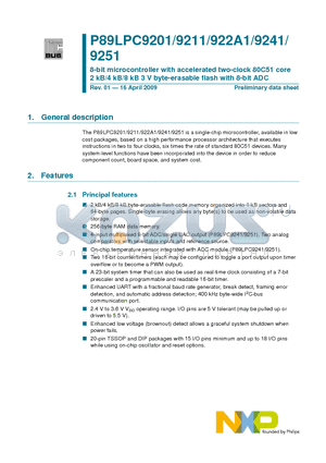 P89LPC9211 datasheet - 8-bit microcontroller with accelerated two-clock 80C51 core 2 kB/4 kB/8 kB 3 V byte-erasable flash with 8-bit ADC