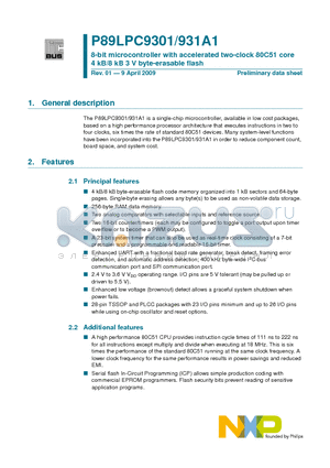 P89LPC9301FDH datasheet - 8-bit microcontroller with accelerated two-clock 80C51 core 4 kB/8 kB 3 V byte-erasable flash