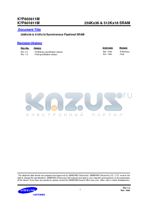 K7P801811M-H20 datasheet - 256Kx36 & 512Kx18 SRAM
