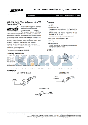 HUF75309D3S datasheet - 19A, 55V, 0.070 Ohm, N-Channel UltraFET Power MOSFETs