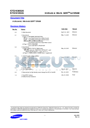 K7Q161852A datasheet - 512Kx36 & 1Mx18 QDRTM b2 SRAM