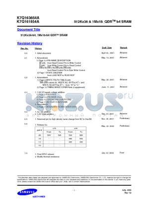 K7Q161854A-FC10 datasheet - 512Kx36-bit, 1Mx18-bit QDR SRAM