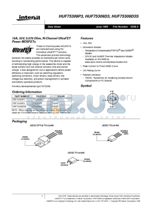 HUF75309D3 datasheet - 19A, 55V, 0.070 Ohm, N-Channel UltraFET Power MOSFETs
