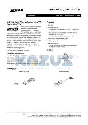 HUF75321D3 datasheet - 20A, 55V, 0.036 Ohm, N-Channel UltraFET Power MOSFETs