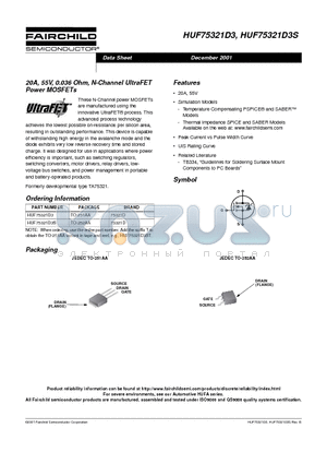 HUF75321D3S datasheet - 20A, 55V, 0.036 Ohm, N-Channel UltraFET Power MOSFETs