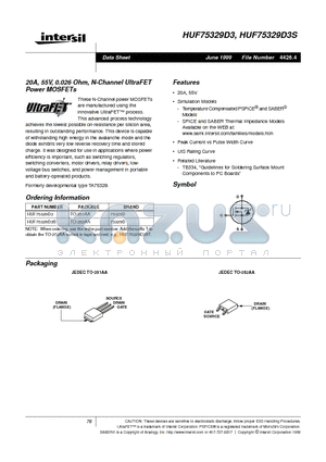 HUF75329D3 datasheet - 20A, 55V, 0.026 Ohm, N-Channel UltraFET Power MOSFETs