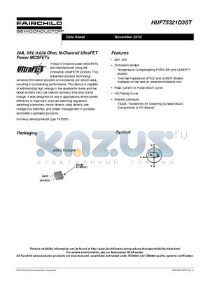 HUF75321D3ST datasheet - 20A, 55V, 0.036 Ohm, N-Channel UltraFET Power MOSFETs