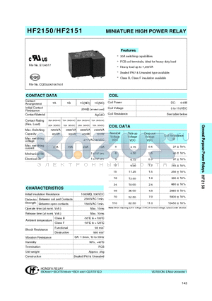 HF2150/1A12DNILNIL datasheet - MINIATURE HIGH POWER RELAY