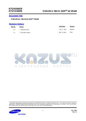 K7Q161862B datasheet - 512Kx36 & 1Mx18 QDRTM b2 SRAM