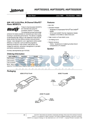 HUF75332G3 datasheet - 60A, 55V, 0.019 Ohm, N-Channel UltraFET Power MOSFETs