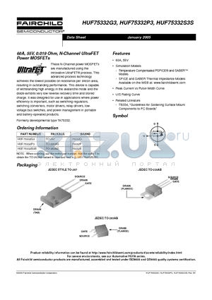 HUF75332G3 datasheet - 60A, 55V, 0.019 Ohm, N-Channel UltraFET Power MOSFETs