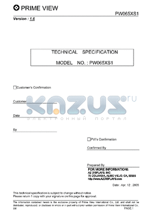 PW065XS1 datasheet - 6.5inch Color TFT-LCD module