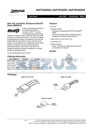 HUF75332P3 datasheet - 60A, 55V, 0.019 Ohm, N-Channel UltraFET Power MOSFETs
