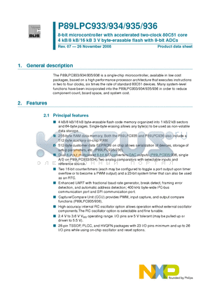 P89LPC933 datasheet - 8-bit microcontroller with accelerated two-clock 80C51 core 4 kB/8 kB/16 kB 3 V byte-erasable flash with 8-bit ADCs