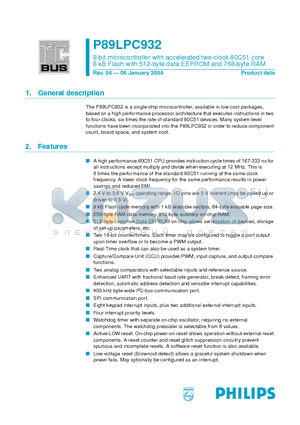 P89LPC932FDH datasheet - 8-bit microcontroller with accelerated two-clock 80C51 core 8 kB Flash with 512-byte data EEPROM and 768-byte RAM