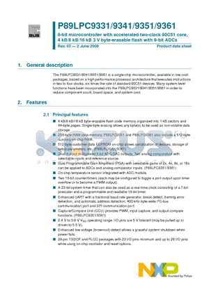 P89LPC9331 datasheet - 8-bit microcontroller with accelerated two-clock 80C51 core, 4 kB/8 kB/16 kB 3 V byte-erasable flash with 8-bit ADCs