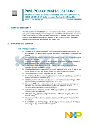 P89LPC9331 datasheet - 8-bit microcontroller with accelerated two-clock 80C51 core, 4 kB/8 kB/16 kB 3 V byte-erasable