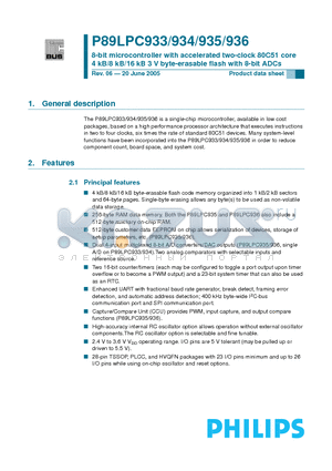 P89LPC933 datasheet - 8-bit microcontroller with accelerated two-clock 80C51 core 4 kB/8 kB 3 V byte-erasable Flash with 8-bit A/D converters